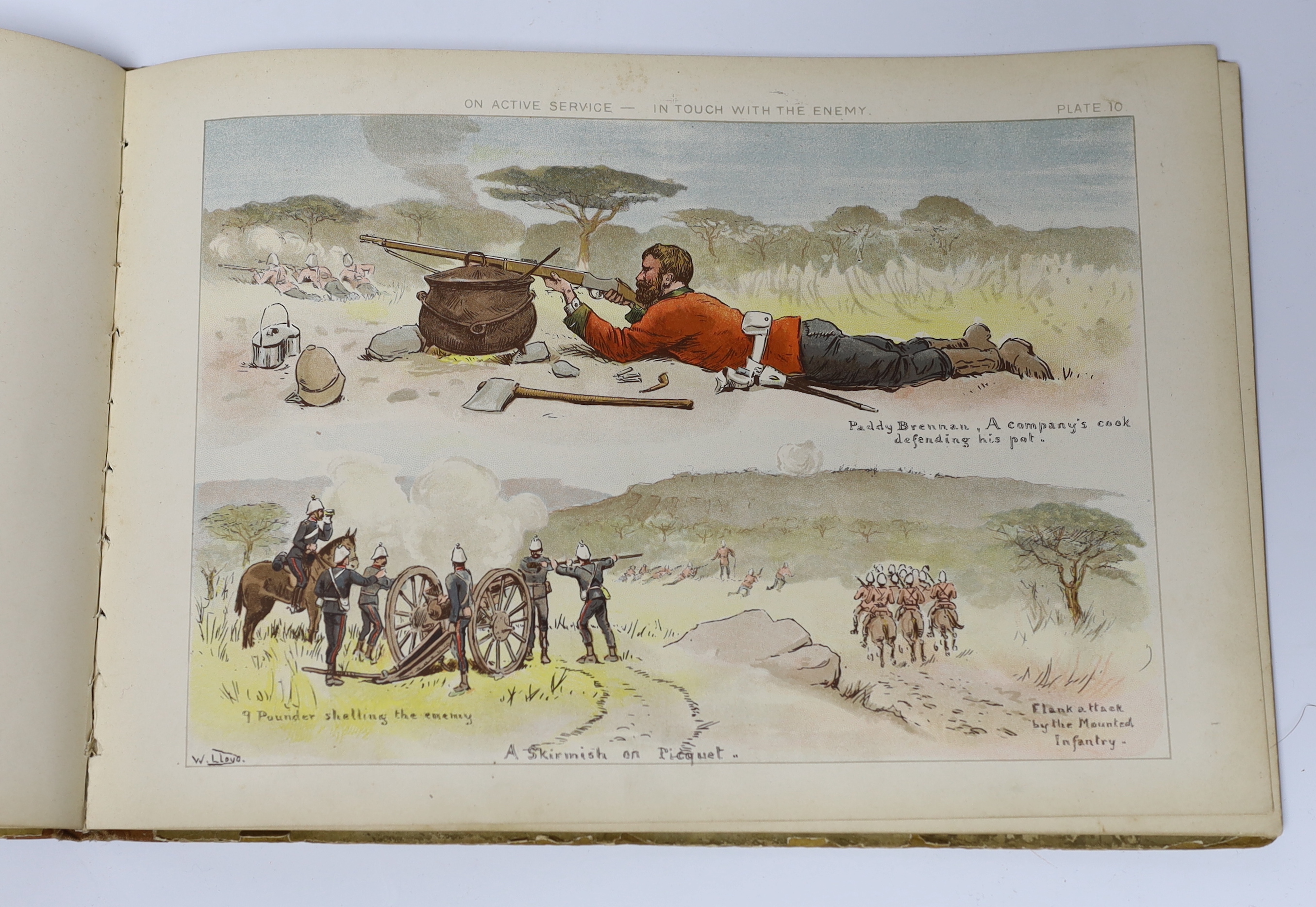 Lloyd, W.W. - On Active Service. colour printed title and 19 captioned plates within ruled borders; publisher's cloth backed coloured pictorial boards, oblong 8vo. 1890